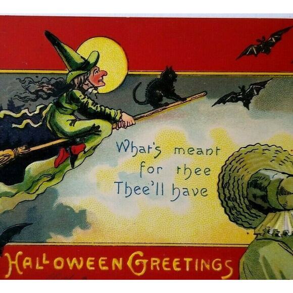 Halloween Postcard Fantasy Witch Moon Bats Victorian Lady EC Banks Albert Wilson - Picture 2 of 5